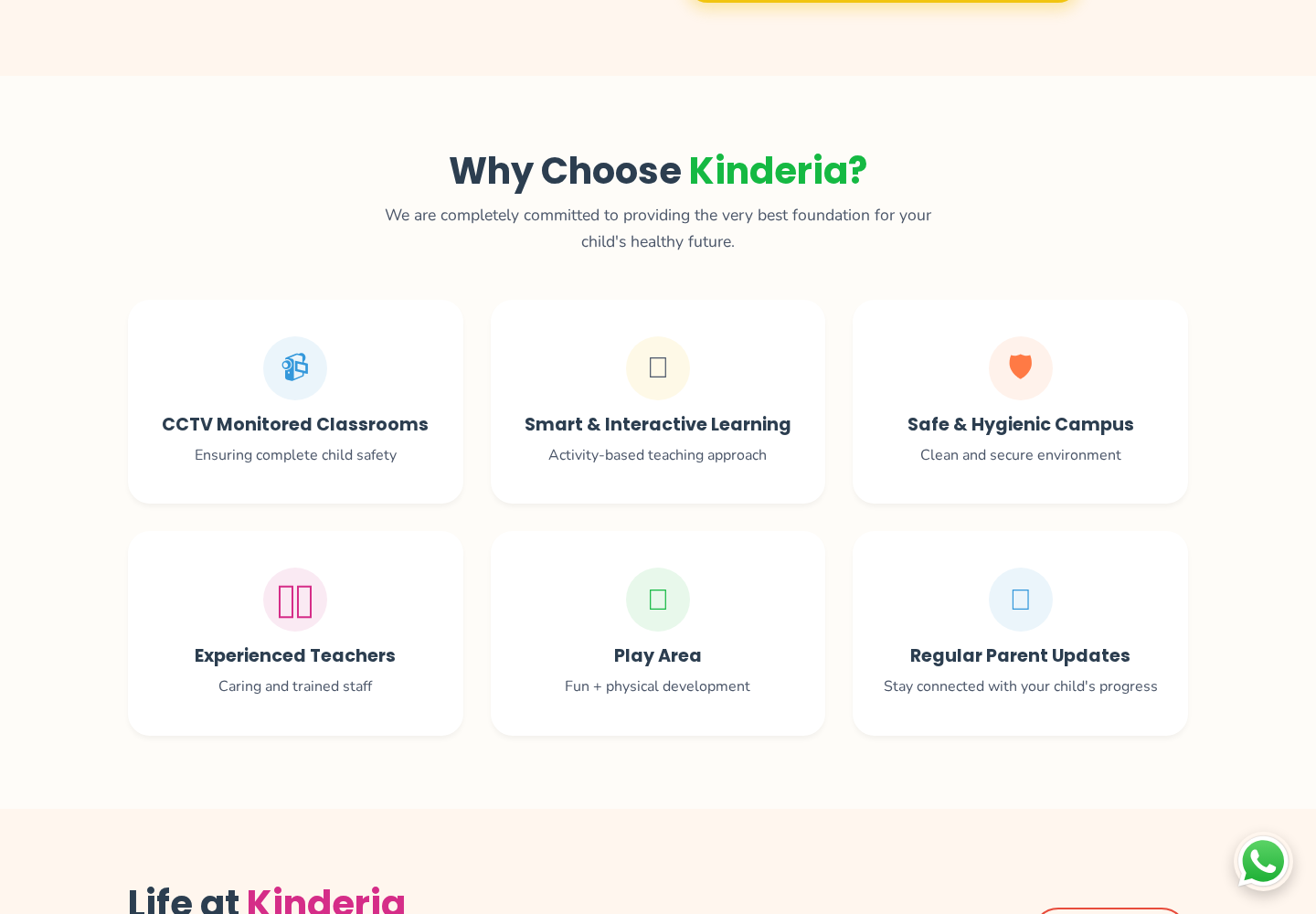 Why choose Kinderia — deciding factors as short, scannable cards.