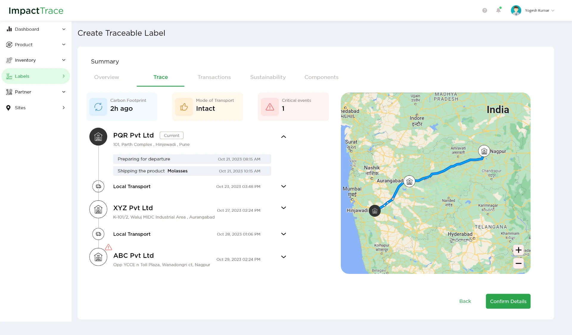 Create Traceable Label — custody timeline with status cards and route map