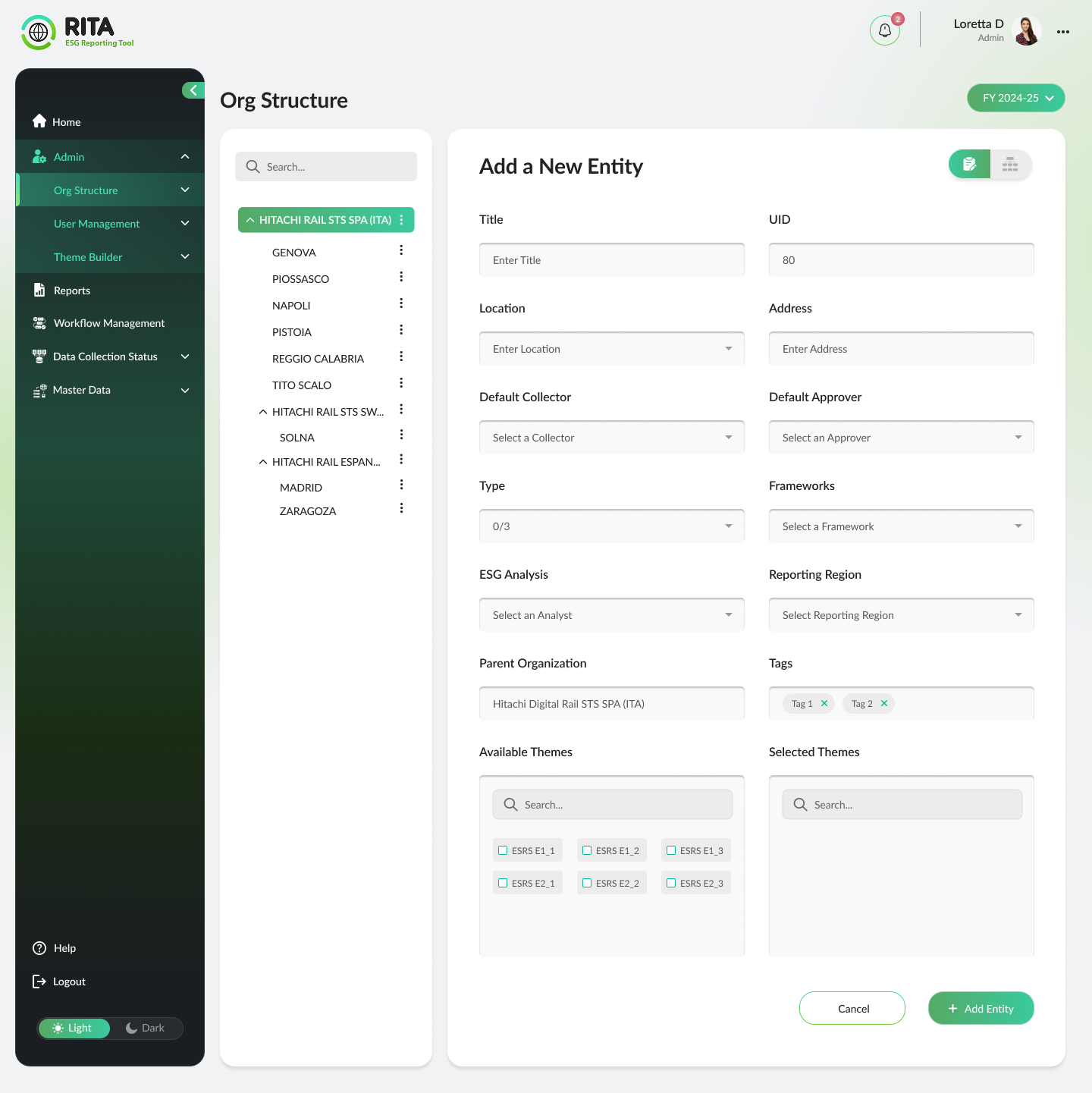 Add a new entity — identity, governance and theme assignment in one pass