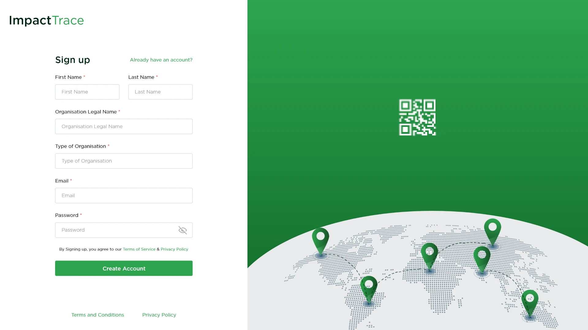Sign up — organisation-first onboarding with the traceability network illustration