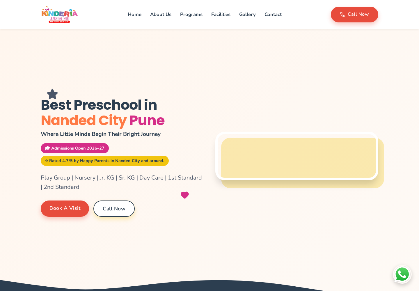 Homepage hero — school, location, age range, admission status and parent rating in the first screen.