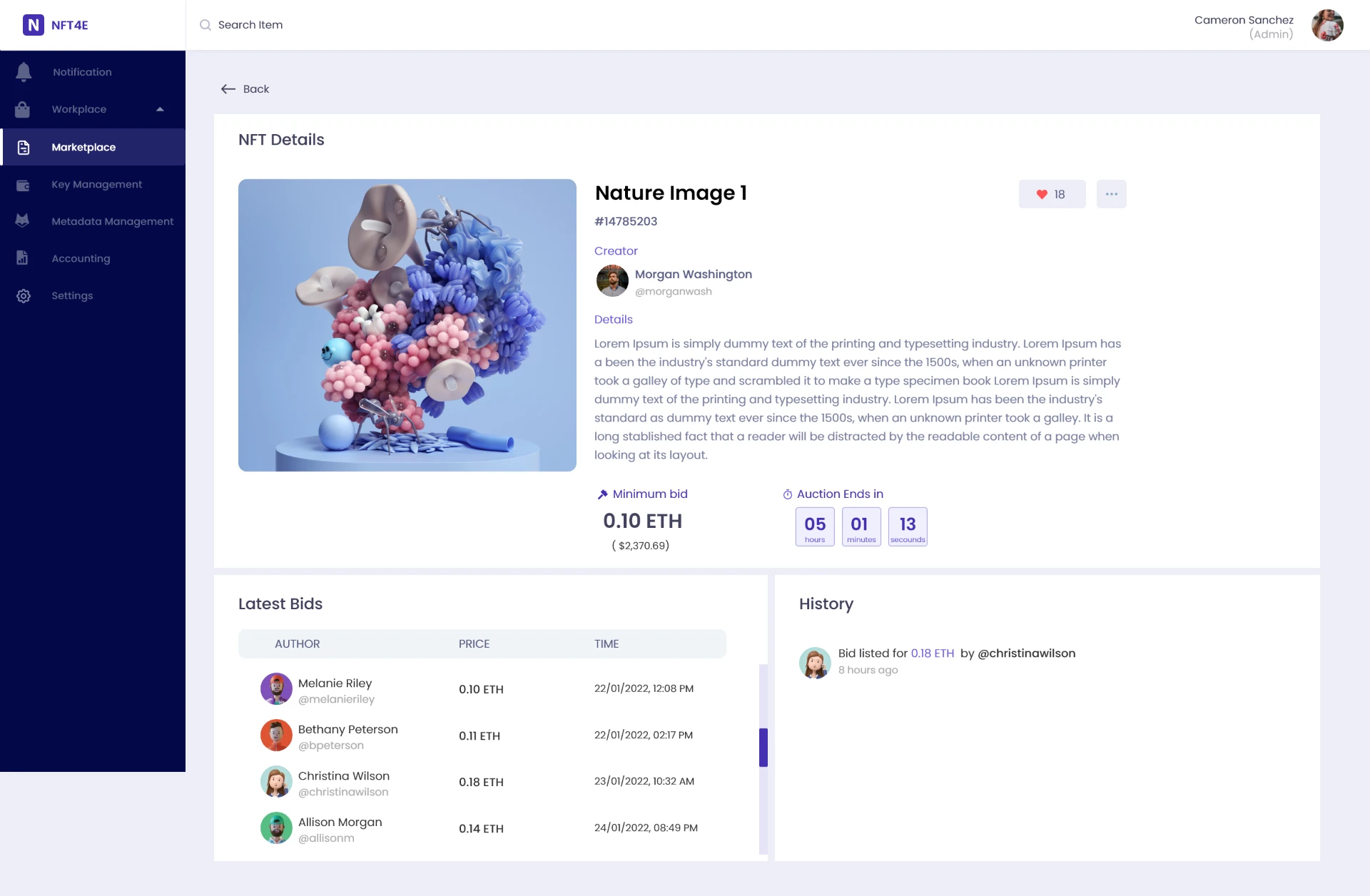 NFT details — creator provenance, minimum bid, countdown and latest bids