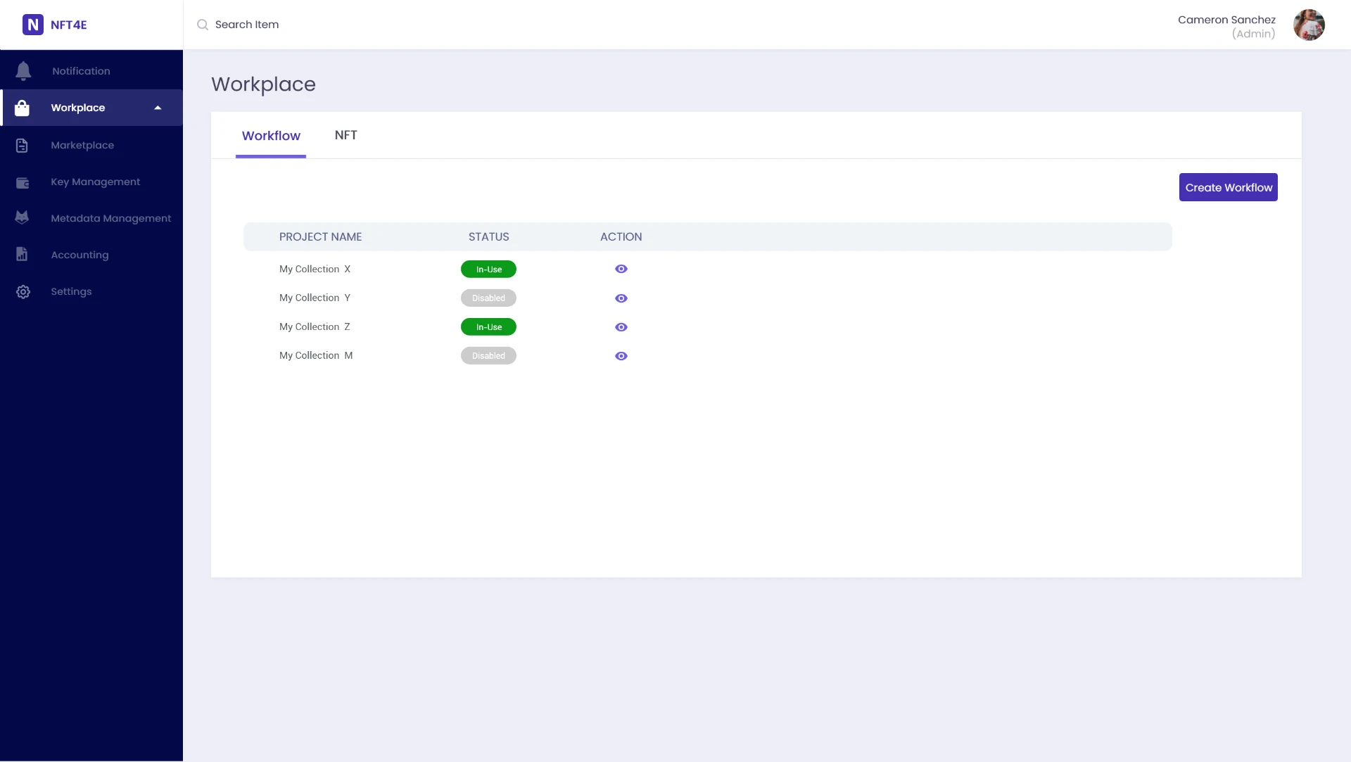 Admin Workflow — collection-level workflows with in-use and disabled states