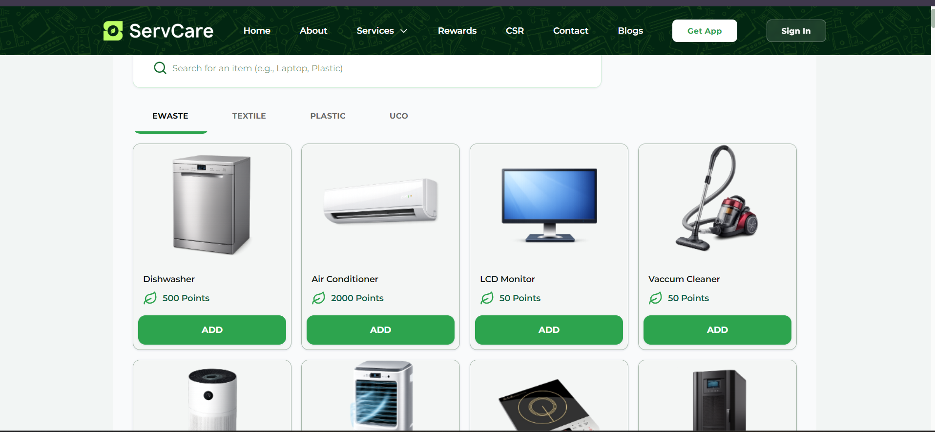 E-waste catalogue with per-item reward points