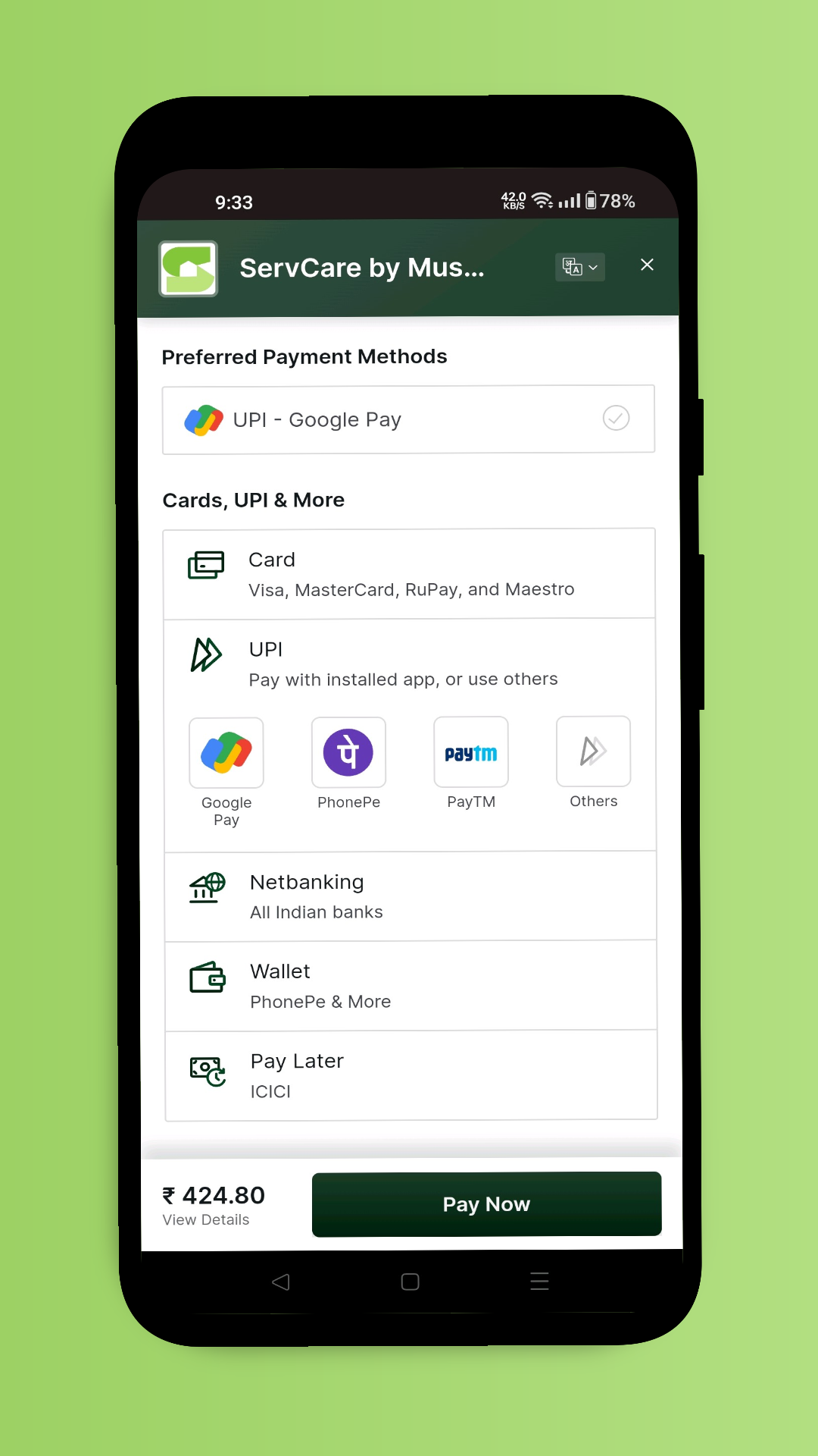 Payment methods sheet