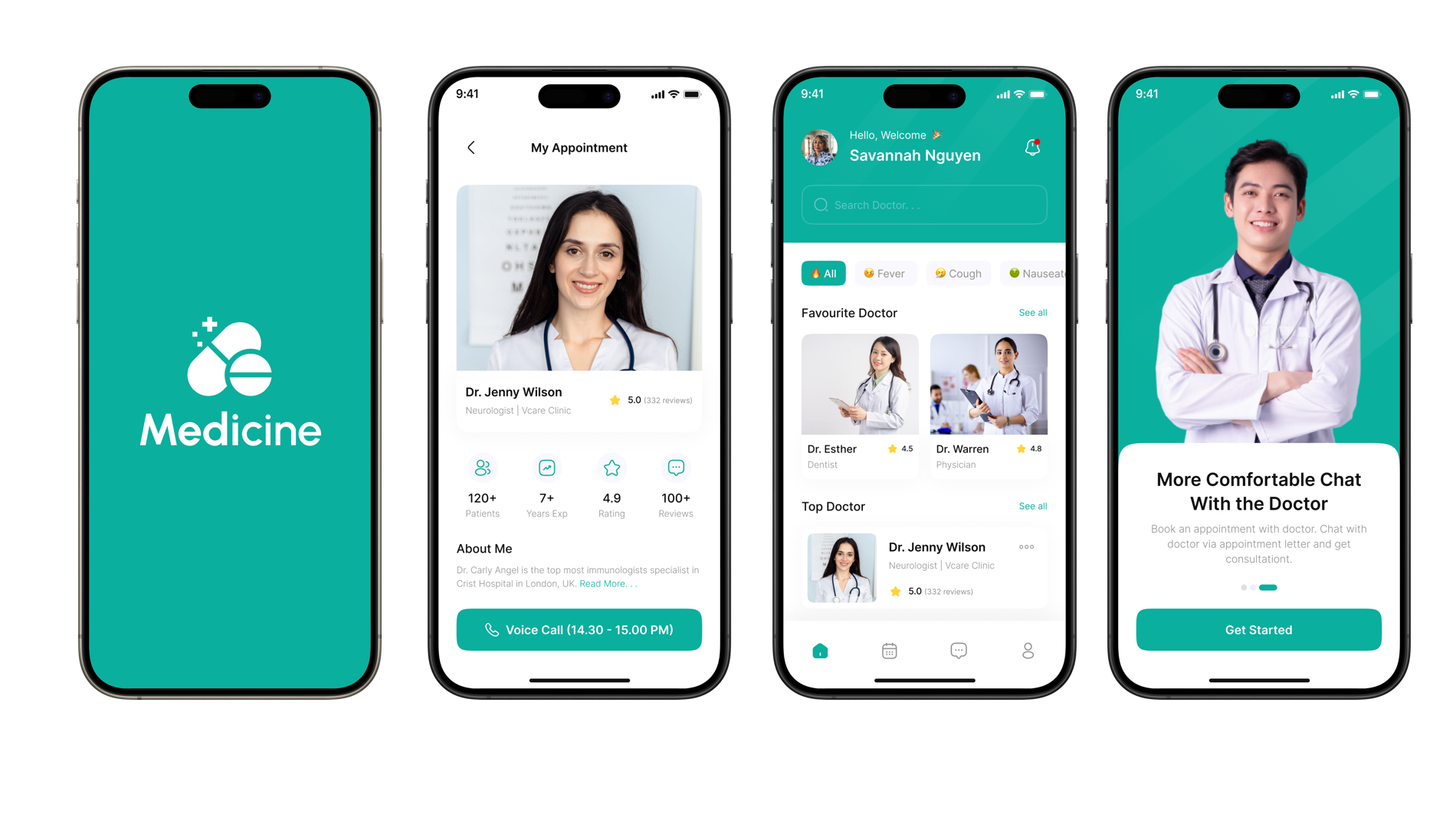Medicine App — Final UI — splash, appointment, doctor discovery and onboarding