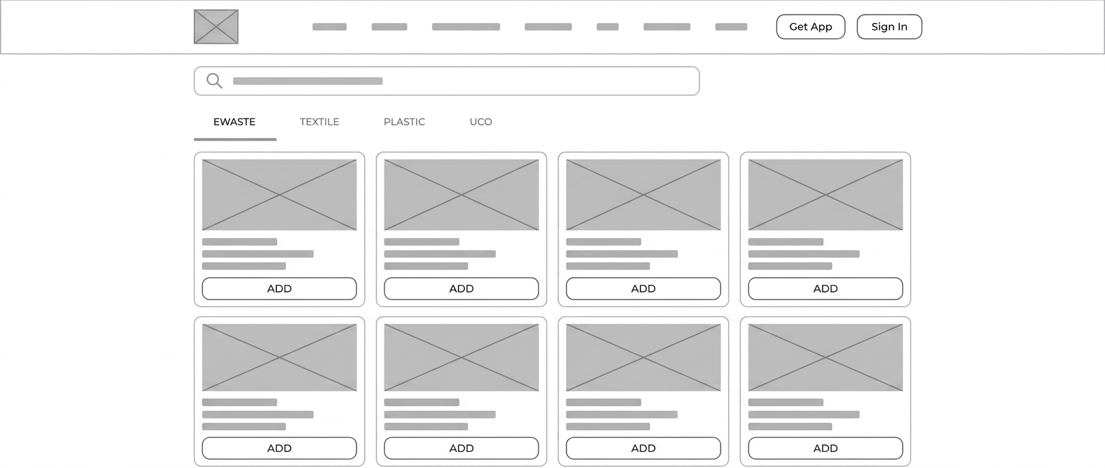 Catalogue — card grid with per-item value shown from the wireframe stage.