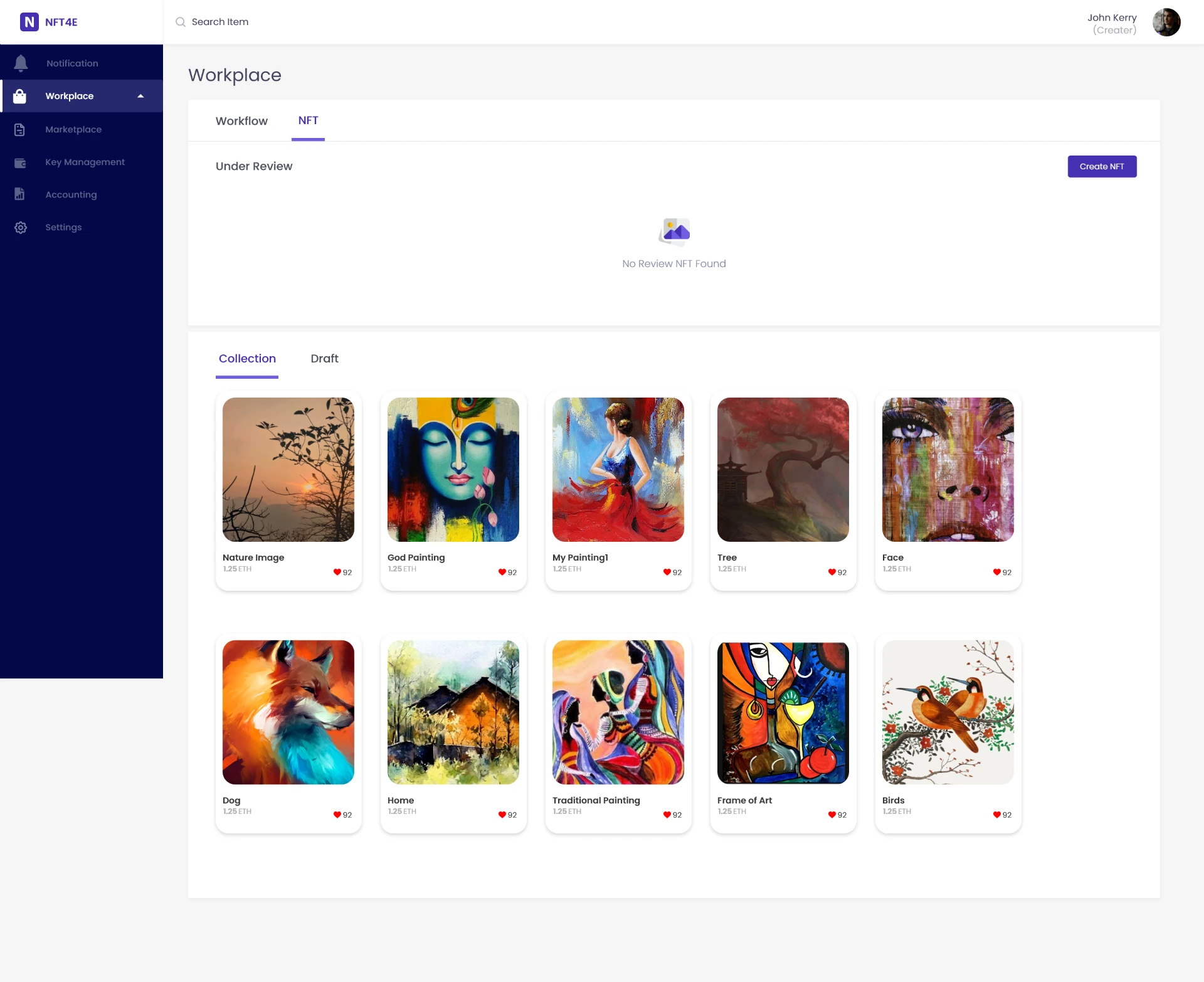 Creator Workplace — under-review queue above the published collection and drafts