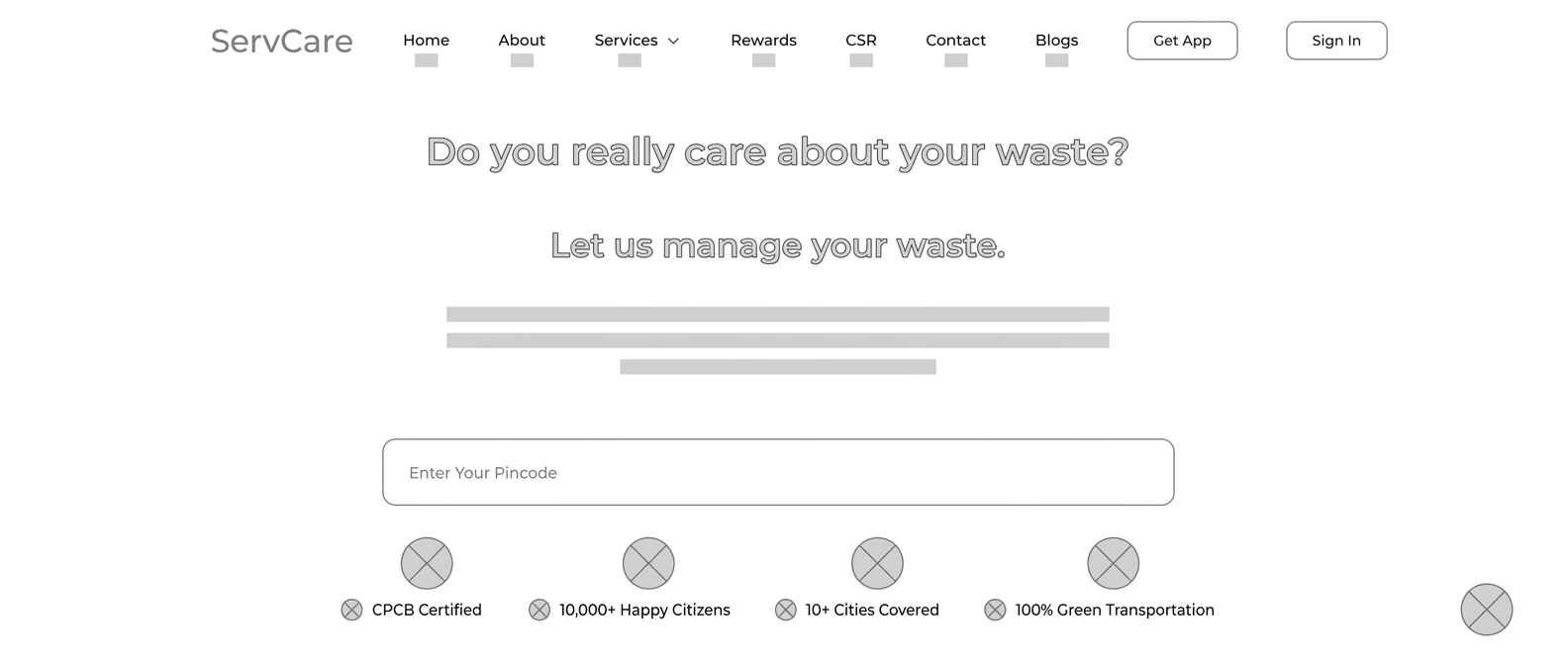 Homepage — pincode-first hero blocked out before the final trust-proof layout.