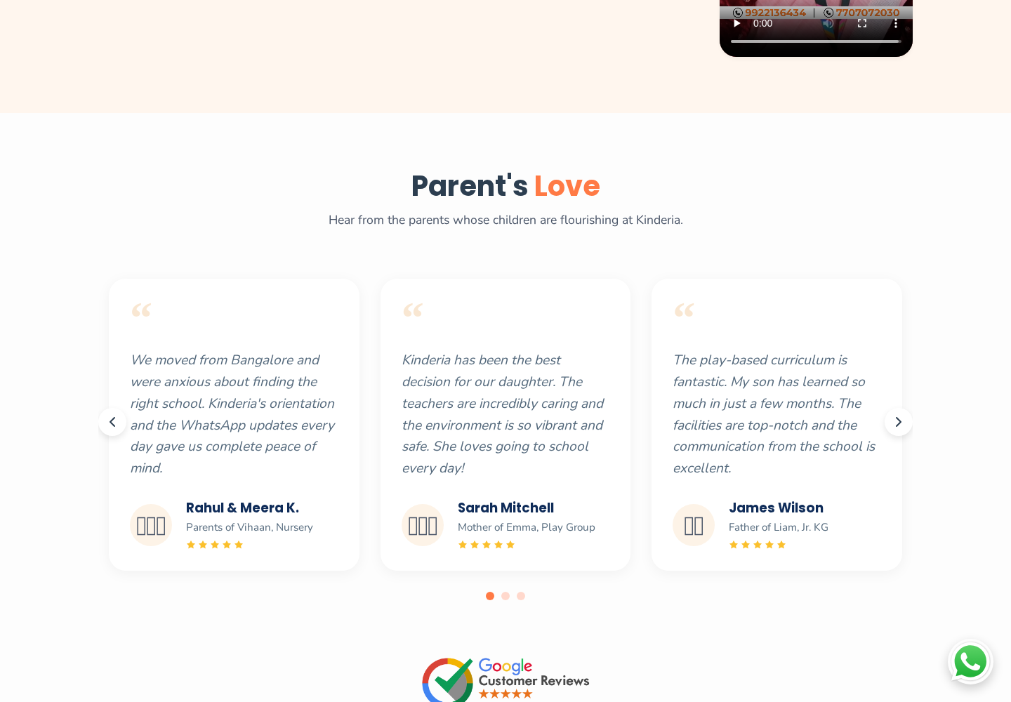 Parent feedback — quotes with the child's program, plus the Google review link.
