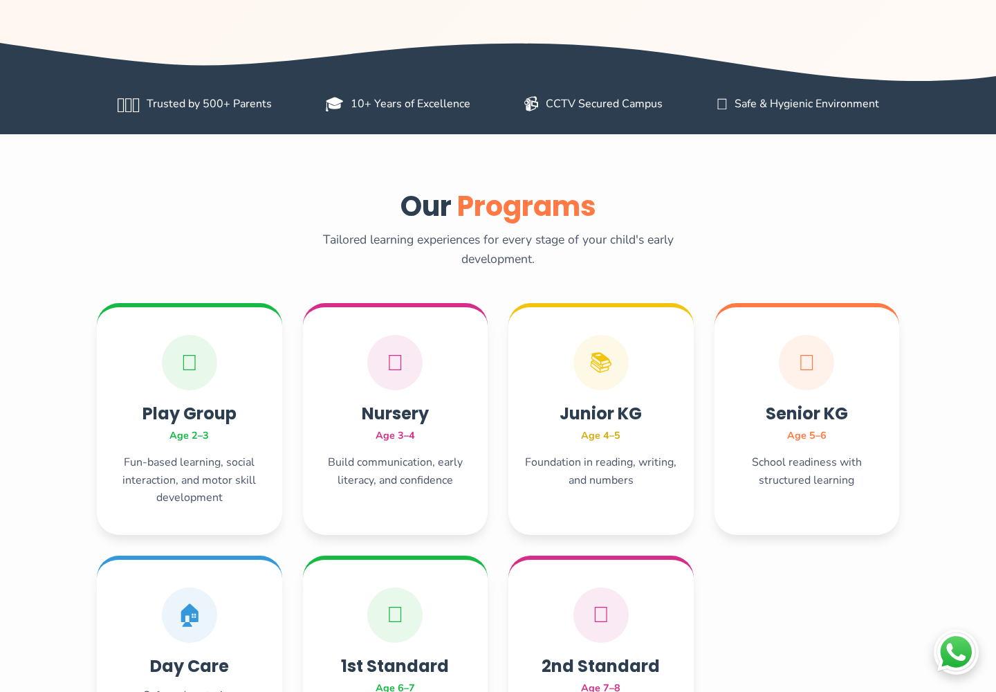 Trust strip and program grid — safety answered first, then seven age-coded program cards.