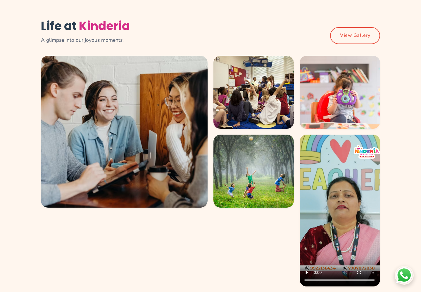 Life at Kinderia — classroom, activity and teacher media with a link into the full gallery.