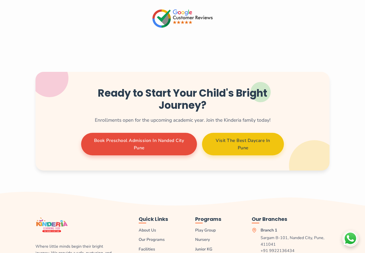 Closing enquiry panel and footer — admission and visit actions with both branch addresses.