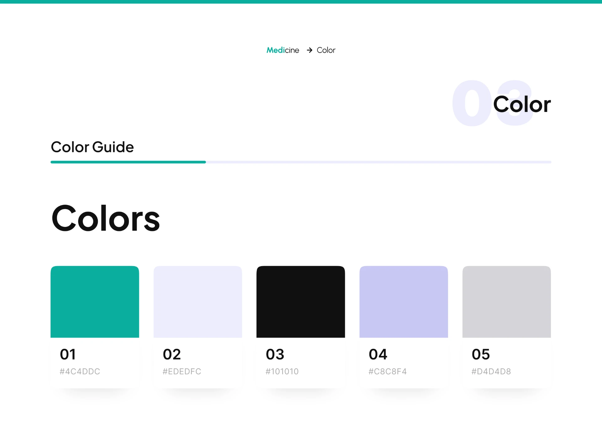 Medicine App — Colour guide — teal, lavender and neutrals