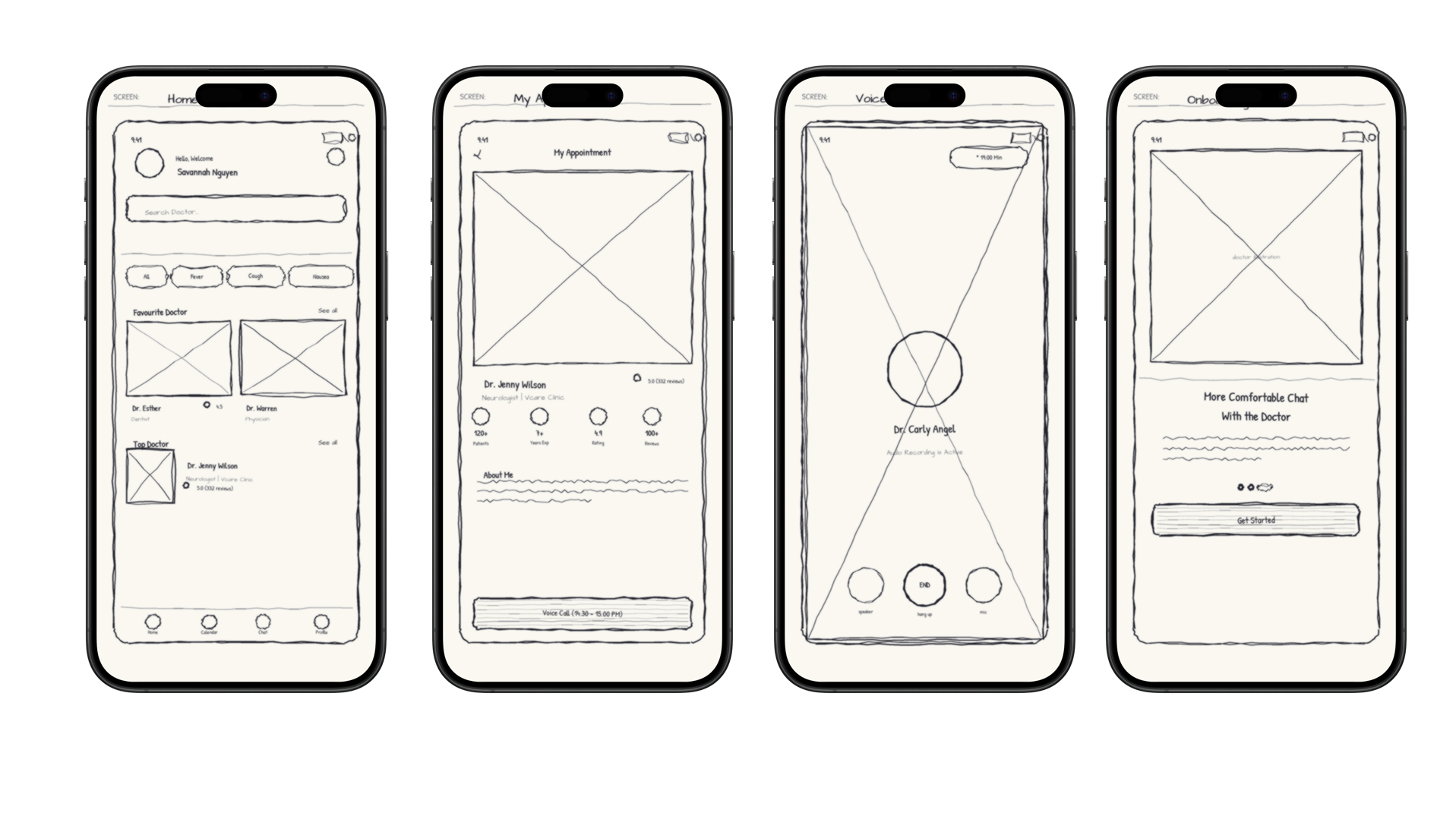 Medicine App — Wireframes — onboarding, home, appointment and voice call