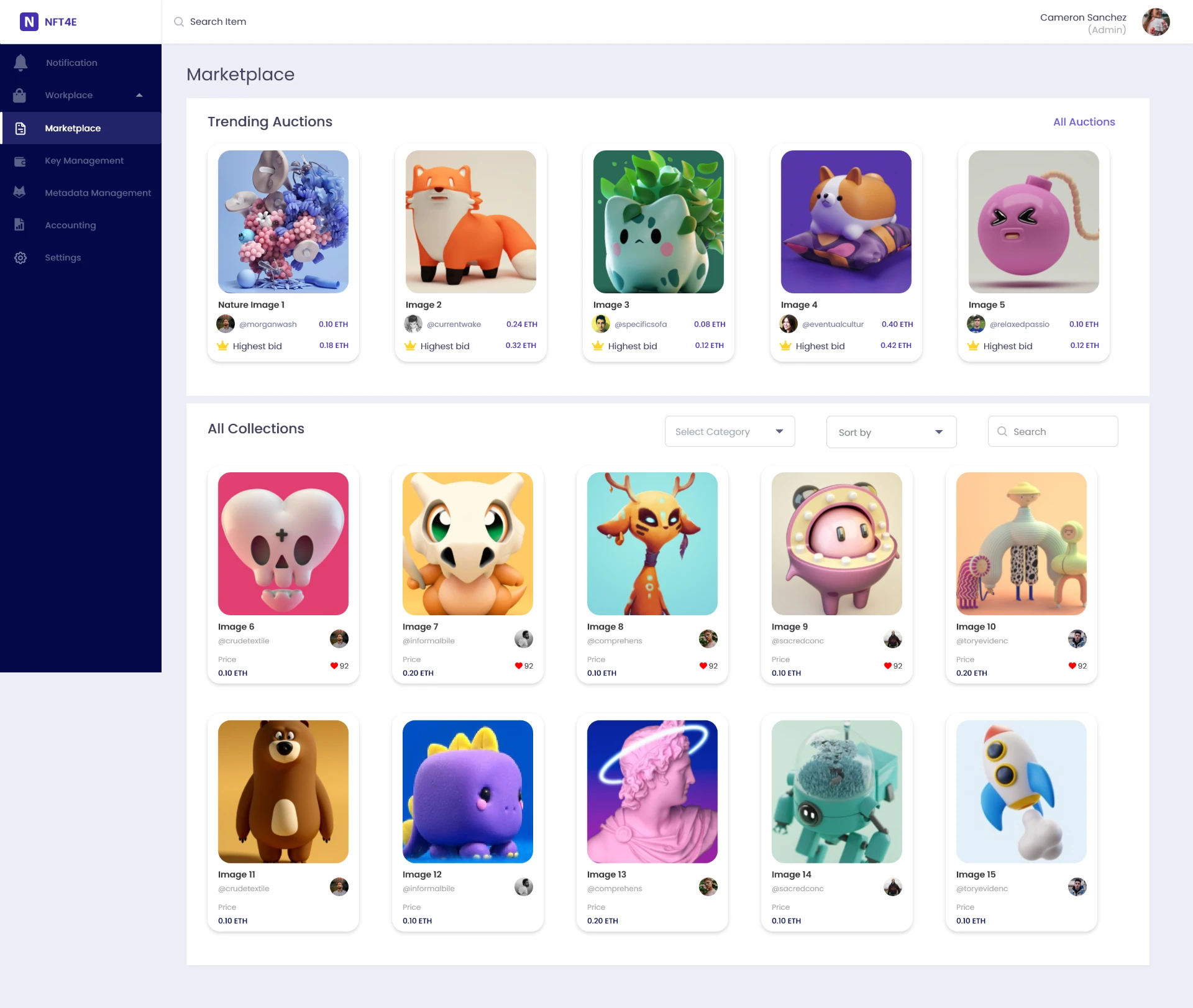 Marketplace — trending auctions and filterable all-collections grid