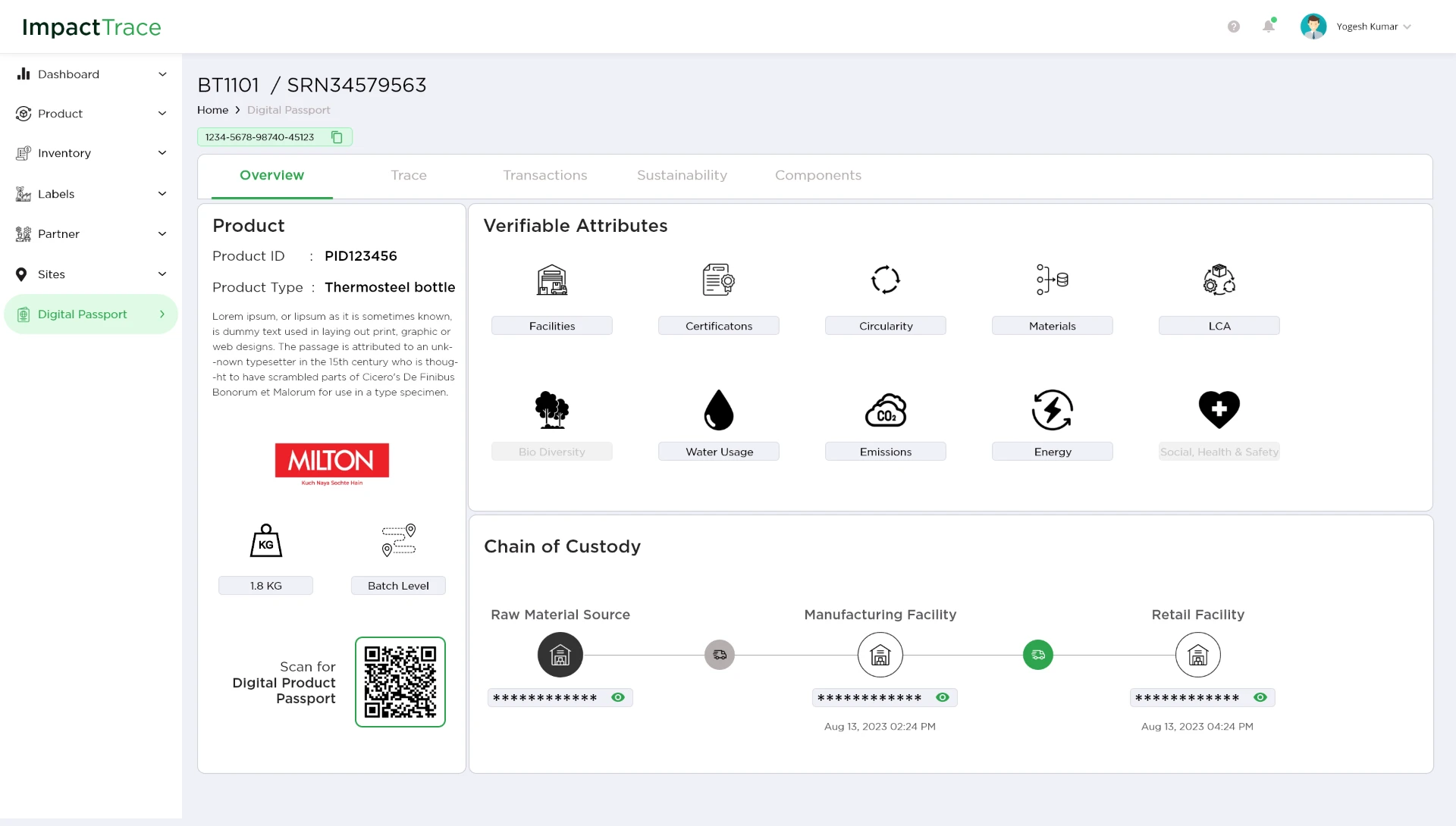 Digital Product Passport — verifiable attributes grid and chain of custody
